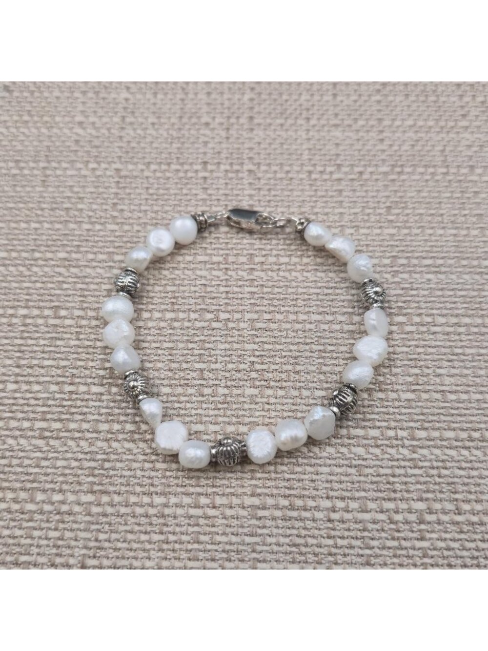 7.5 Inch Sterling Silver Handmade White Baroque Pearl Bracelet B1204